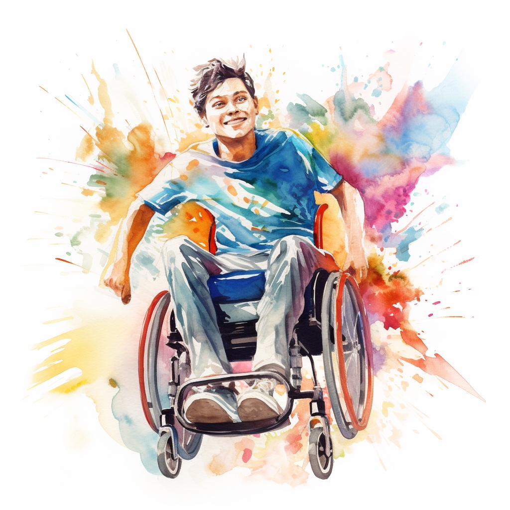 A cheerful young man moving in a wheelchair