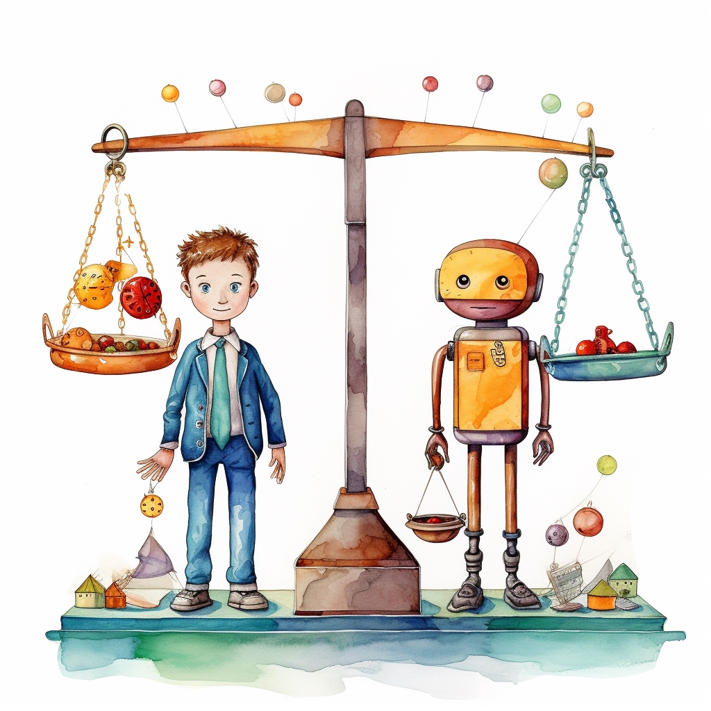 A scale with a human and a robot standing behind it