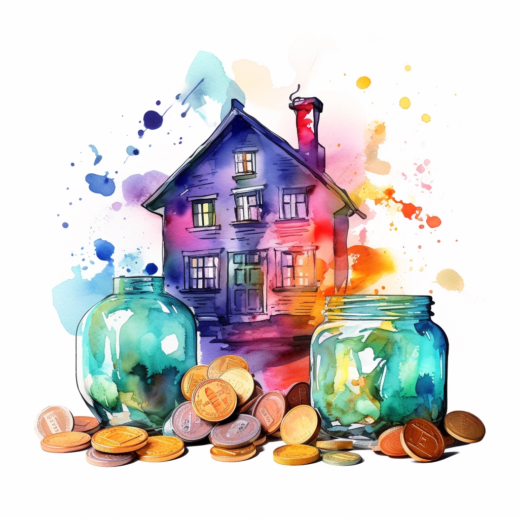 Coins with jars for storage in front of a house