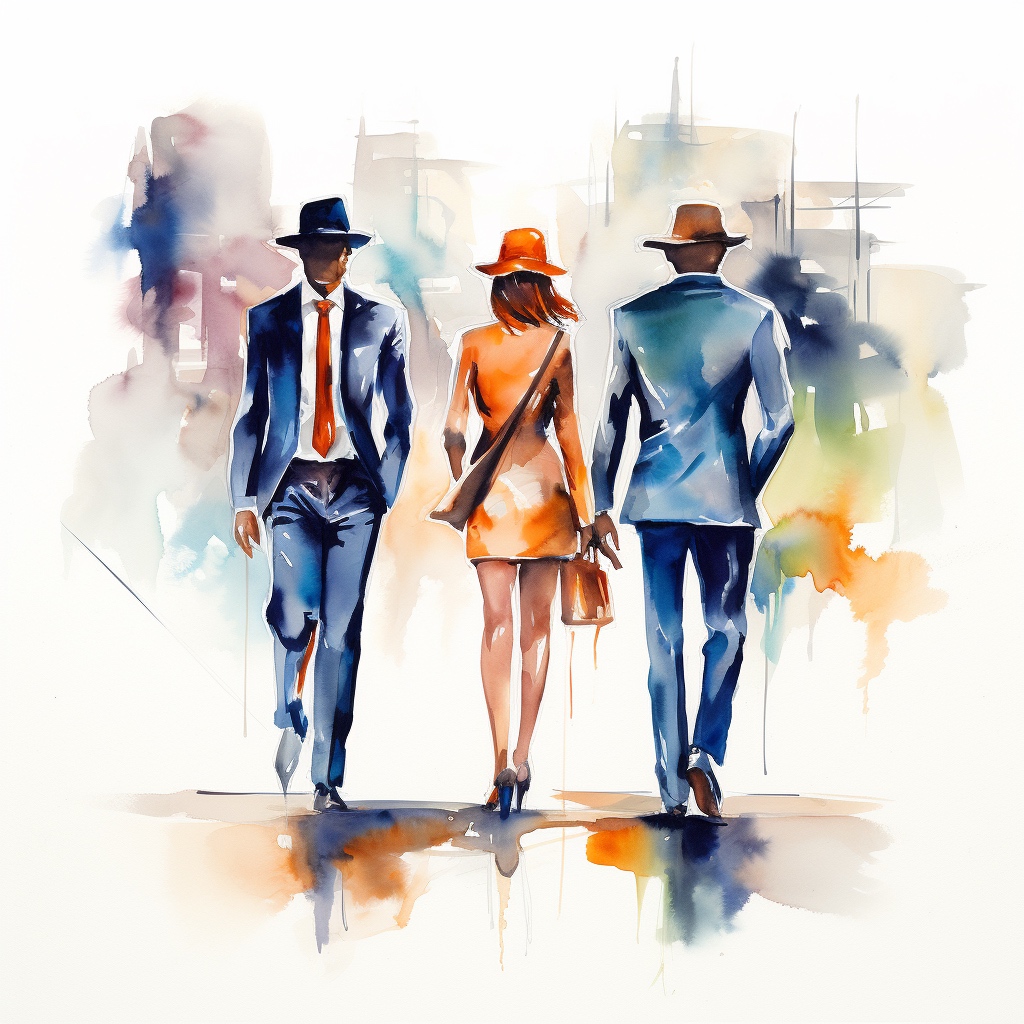 A couple walking away while a man walks in the opposite direction